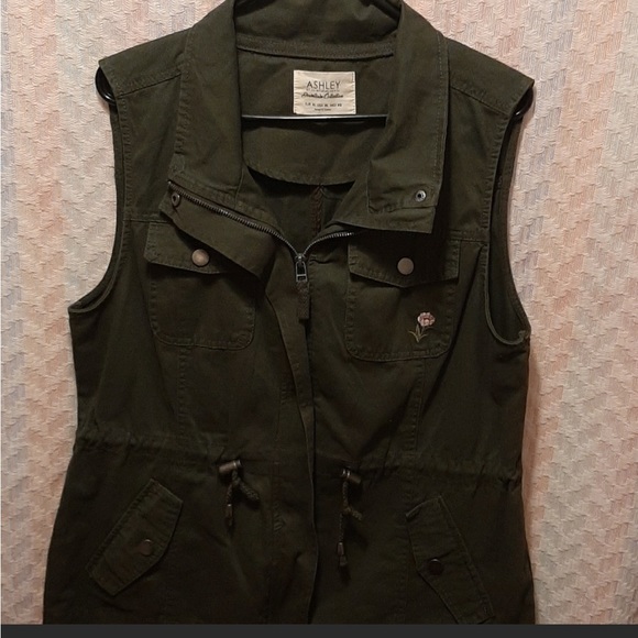 Ashley By 26 International Jackets & Blazers - Ashley By 26 International Military Green Utility Vest With Floral Embroidery